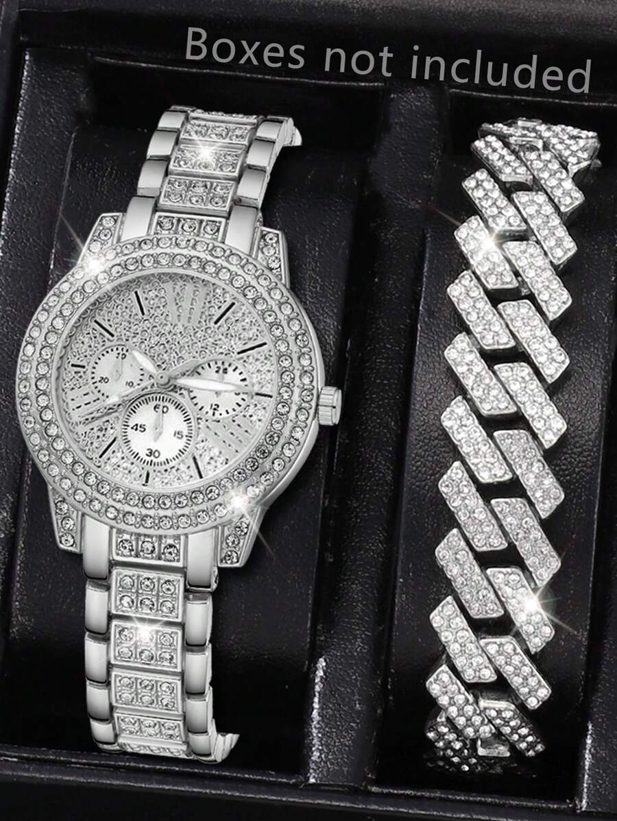 2PCS Silver Women's Luxury Watch Set Fashion Classic Three Eye Quartz Watch Bracelet Set Suitable For Daily Clothing Matching Perfect Holiday Gift For Her