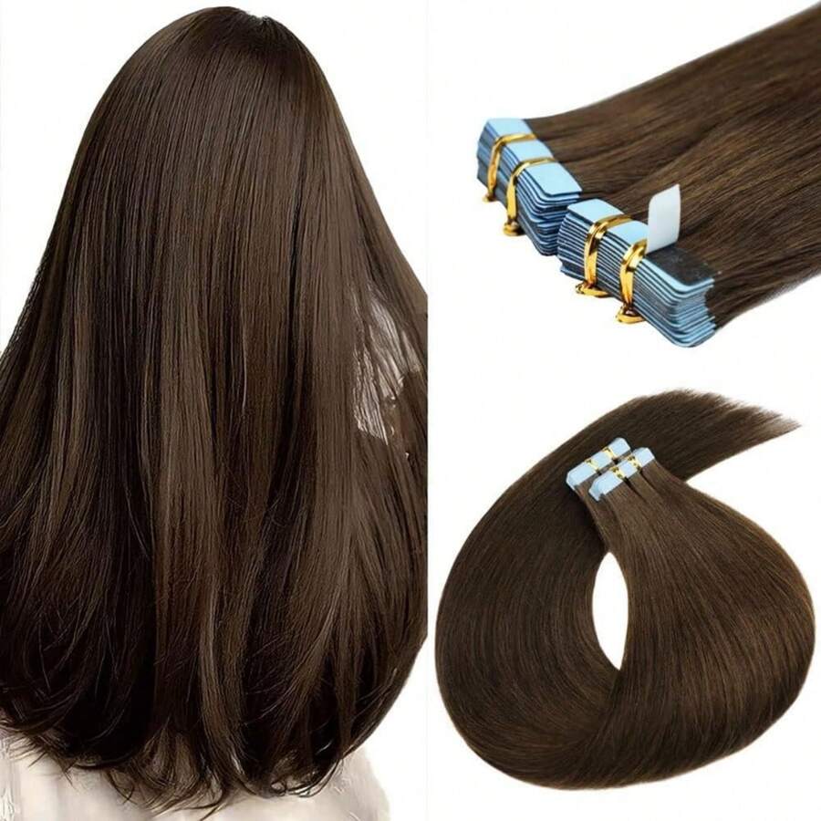 20pcs extensiones de cabello humano liso con cinta adhesiva de 50 g, 100 % cabello humano Remy real, de 40 a 66 cm, instalación invisible sin costuras, n.° 2, castaño oscuro