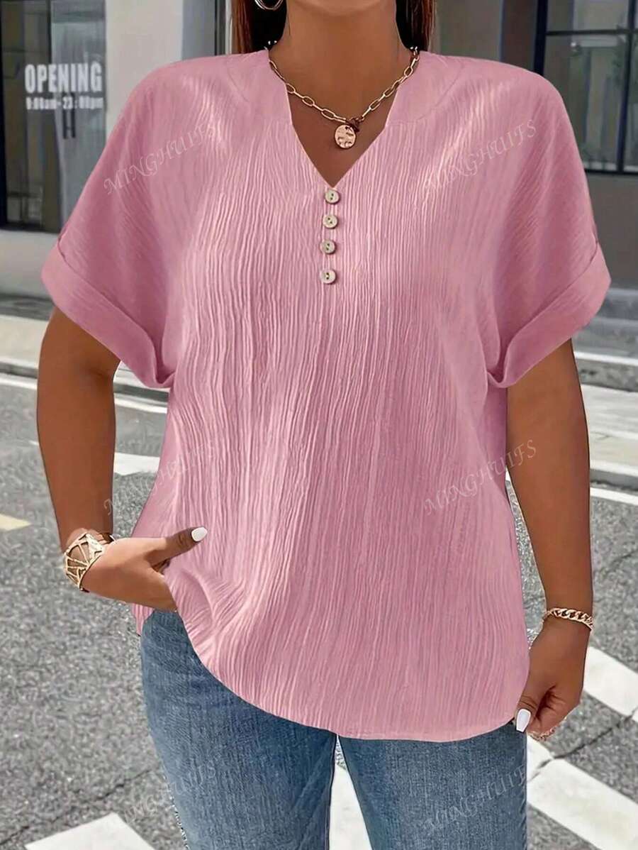 Plus Size Women's Button Decorated Notched V-Neck Batwing Short Sleeve T-Shirt
