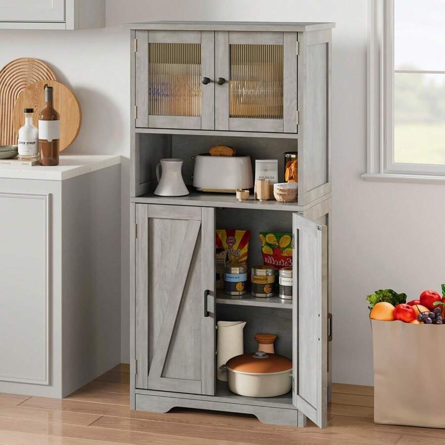 Mueble de baño de 128 cm de alto, armario de almacenamiento independiente, armario de despensa de cocina con puertas de cristal y estantes ajustables, armario de pie, armario de almacenamiento para salón, gris