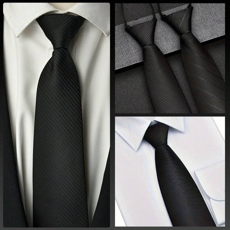 3 Peças/Conjunto Gravata Formal Preta com Listras Diagonais e Zíper, Conjunto de Gravatas para Negócios