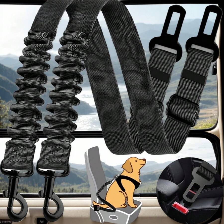 Heavy Duty Dog Car Harness, Retractable Seat Belt With 360° Swivel & Shock Absorber, Crash-Tested Pet Safety