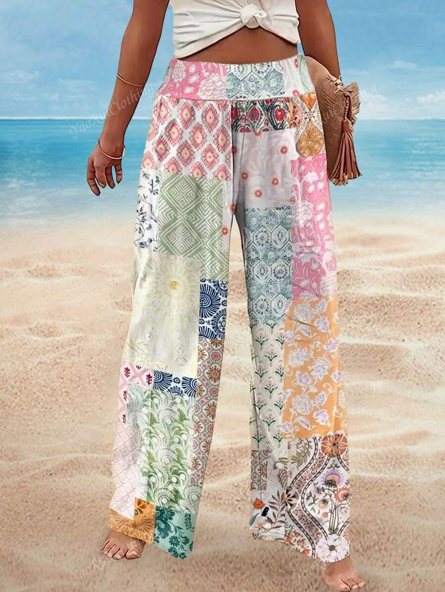 Fashionable! 2025 Spring/Summer Women's Bohemian Floral Loose Pants - Ditsy Print Patchwork High-Waisted Elasticated Stretchy Nylon Wide-Legged Palace Beach Yoga Comfortable Pants