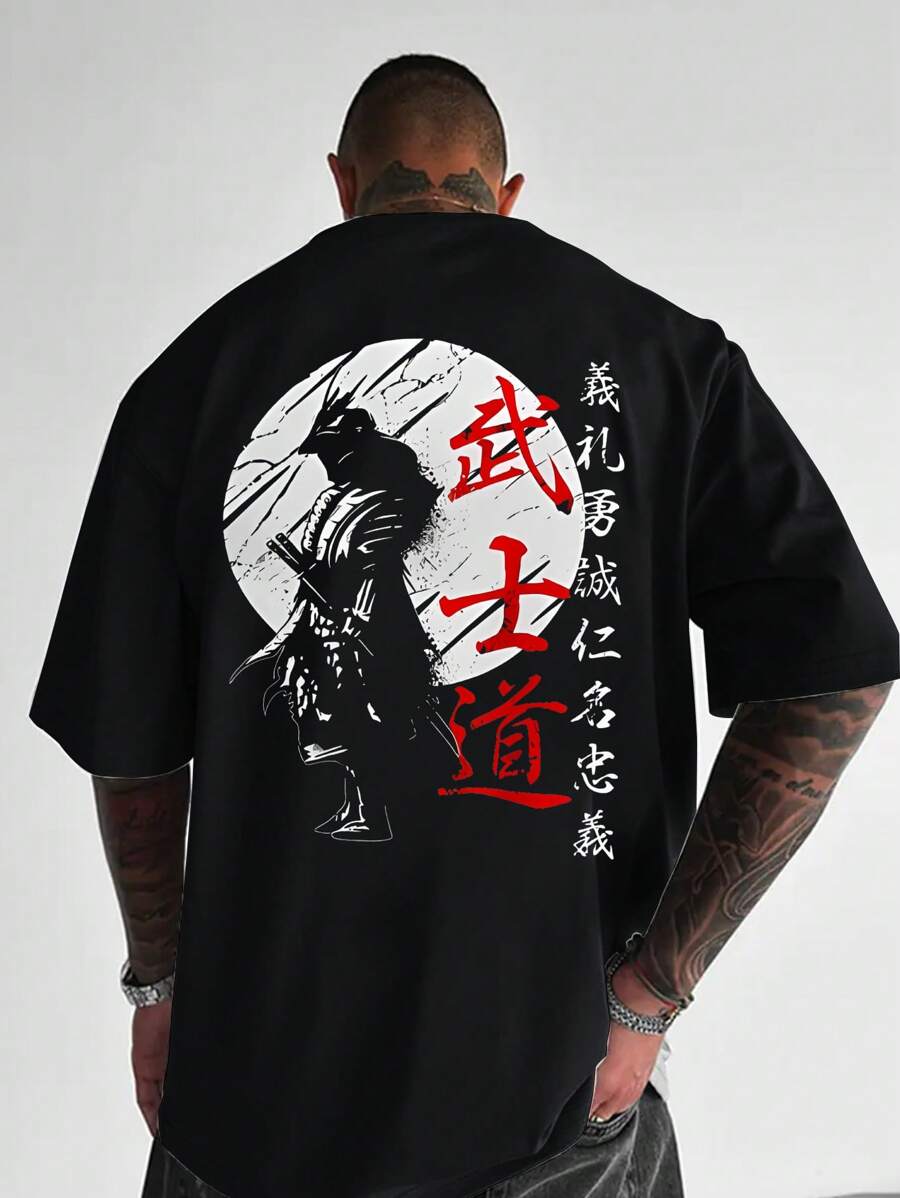 Camiseta casual de manga corta con cuello redondo y estampado gráfico de samurái, talla grande, para verano
