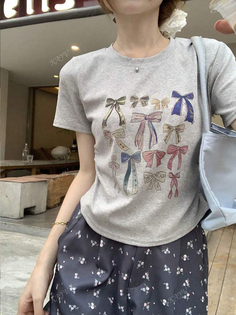 Butterfly Print Crew Neck Cinched Waist Short Cropped T-Shirt