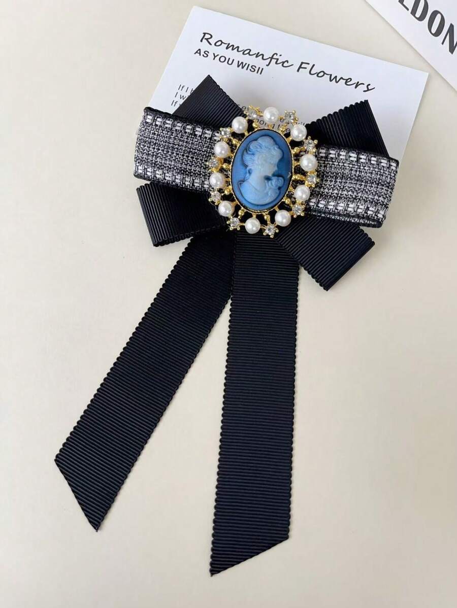 1 Stück Vintage Luxus Kunstperlen & Edelstein Dekor schwarze Satinschleife, geeignet für Geschäftstreffen, formelle Veranstaltungen, romantische Dates, glänzendes Polyester
