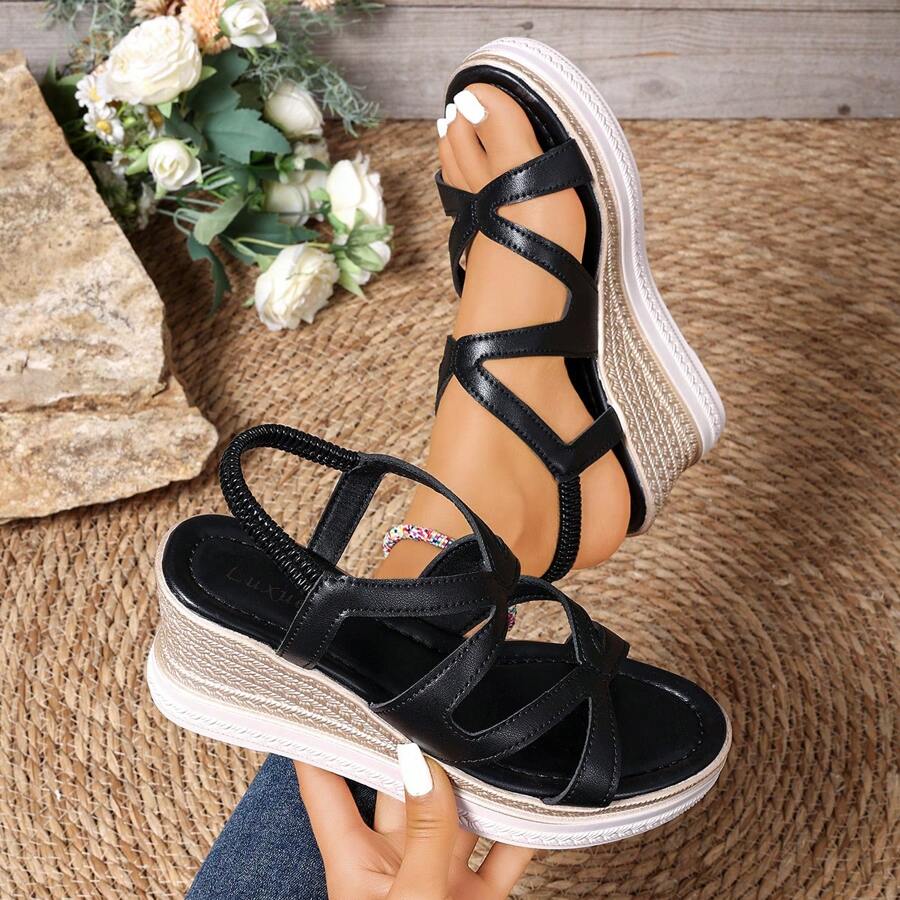 2025 New Fashion Comfortable Black Wedge Casual Cross Strap Women Sandals