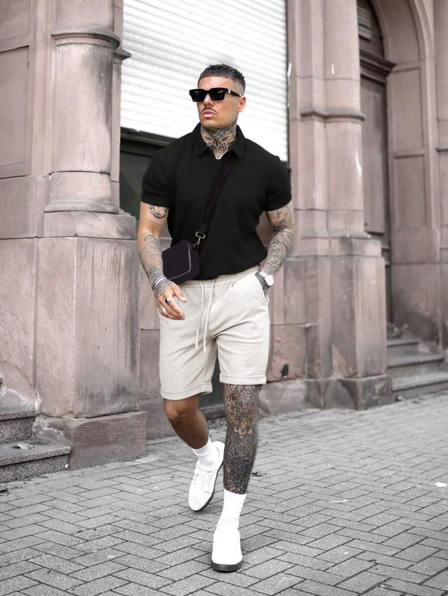 Men's 2025 Waffle Fabric Casual Business Vacation Polo Shirt And Shorts Set, Spring/Summer