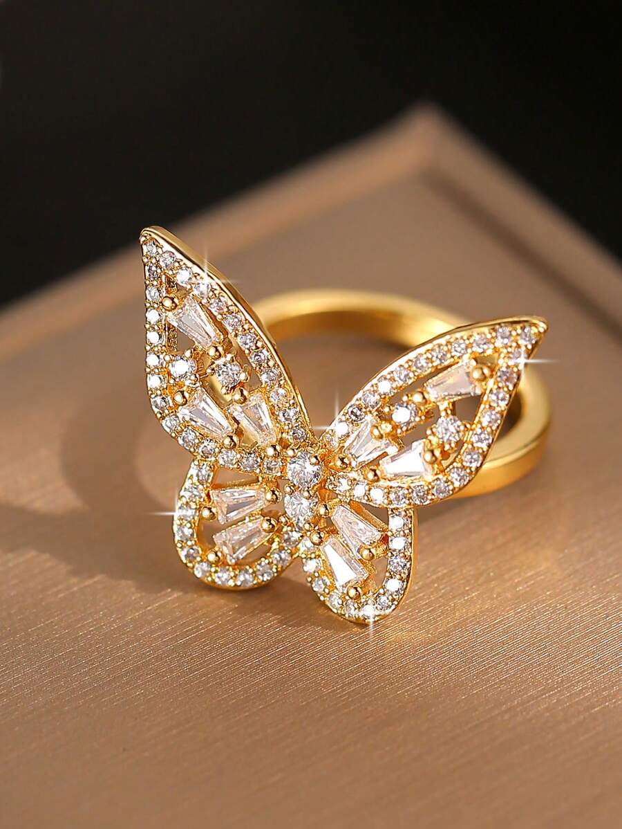 1 pieza Anillo abierto de mujer con decoración de mariposa hueca con circonita cúbica, versátil, ideal para uso diario, decoración, vacaciones, viajes, compromiso y aniversario