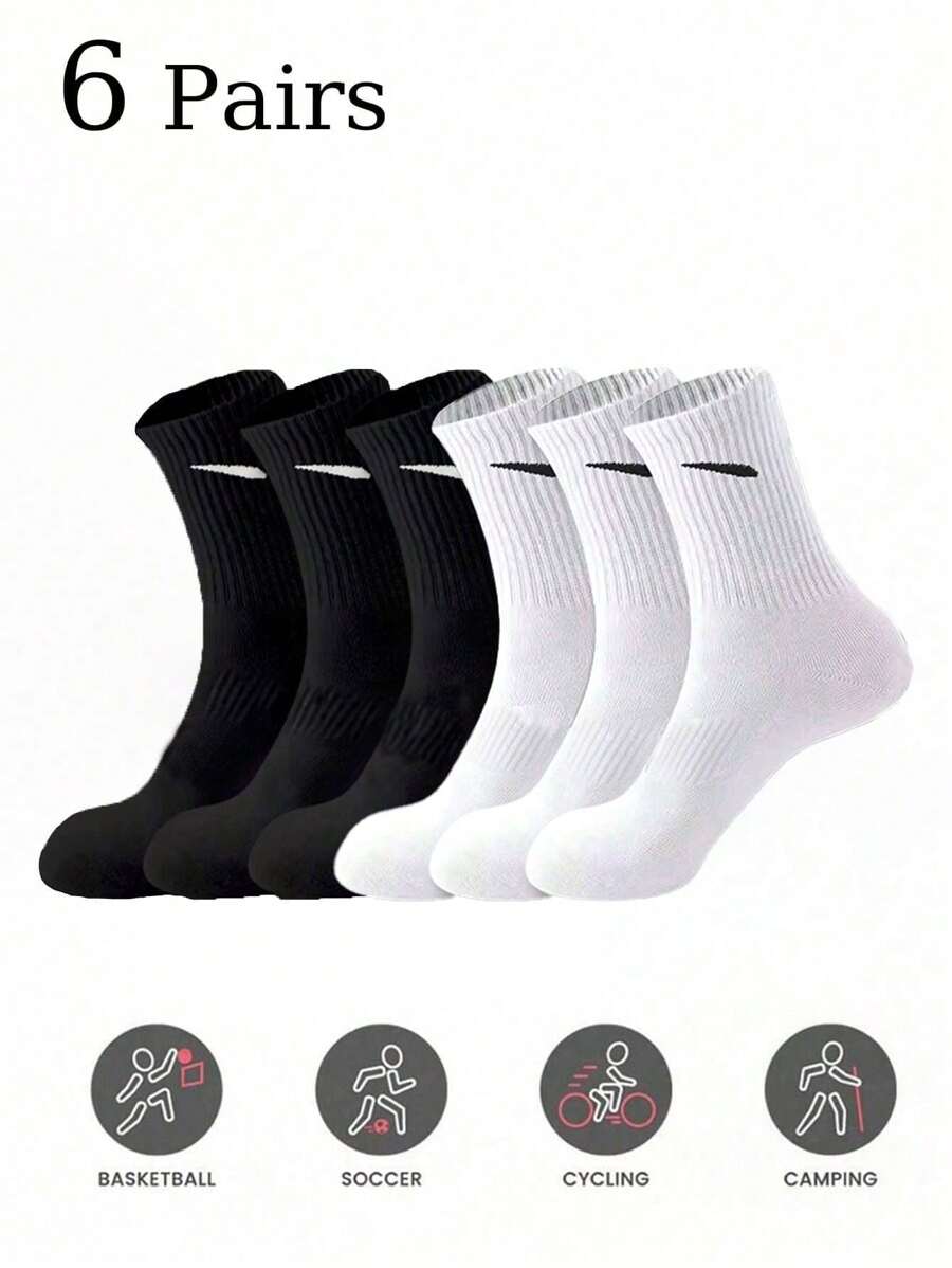 6 Pairs Unisex Black & White Mid-Calf/Crew Socks, Minimalist Design Comfortable Casual Socks Suitable For Daily Wear, Home, Travel, Sports, All Seasons