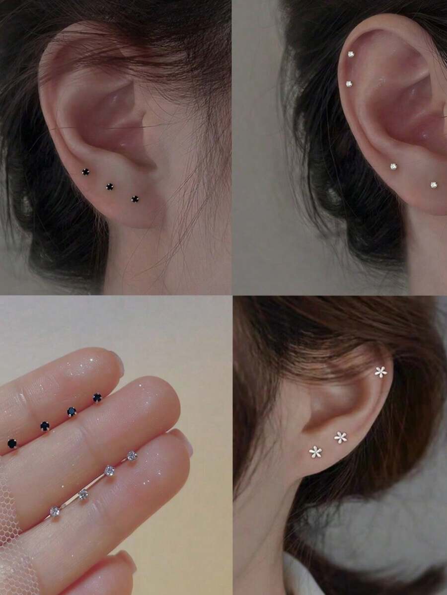Set de 4 pares de aretes de clavos cuadrados de zirconia en blanco y negro con acabado de cobre con baño de níquel, hipoalergénicos y para dormir, joyería de mujer a la moda, perfecta para uso diario, vacaciones en la playa, fiestas de boda, regalos para el Día de San Valentín o Acción de Gracias, accesorio versátil para todas las estaciones, un excelente regalo para fiestas o cumpleaños para familiares y amigos