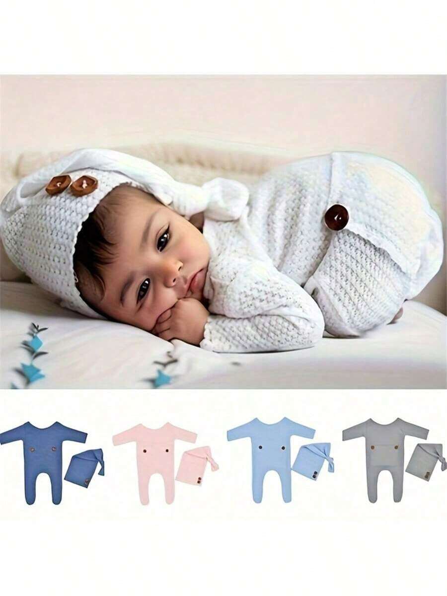 Conjunto de Roupas Macacão de Tricô de Manga Longa com Gorro para Recém-Nascido, Roupas de Fotografia para Bebês Meninos, Roupa para Sessão Fotográfica de Crianças Pequenas
