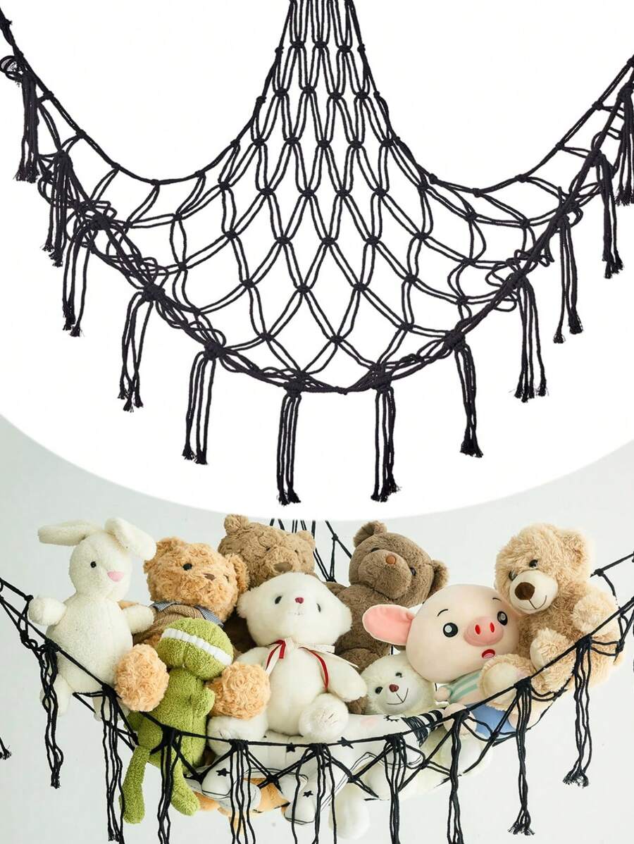 1 pieza Gran red de animales de peluche o hamaca de estilo bohemio, hamaca de juguete, soporte de almacenamiento de rincón para animales de peluche, hamaca de malla para colgar juguetes de peluche con ganchos con borlas para decoraciones de dormitorio, decoración otoñal, decoración festiva, decoración de habitación, decoración del hogar, decoración de otoño y primavera, decoración de dormitorio