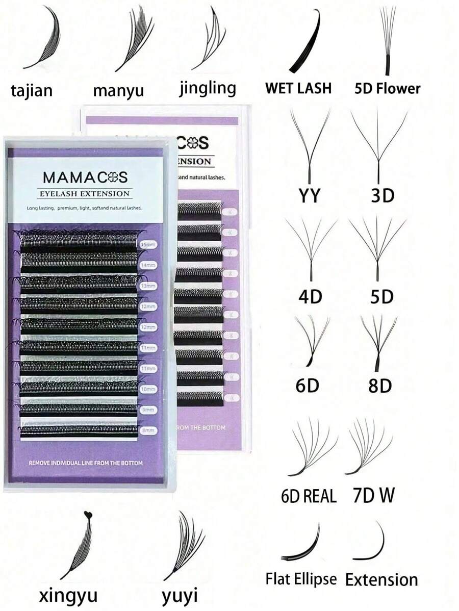 MAMACOS 10 rzędów D/C Curl YY/3D/4D/5D/6D/7D/8D/Flat Elipse/6D W Real/Extension/5D Flower/WET LASH Kształt Pojedyncze rzęsy Przedłużanie rzęs Naturalne miękkie światło Rzęsy DIY Naturalne długie kępki rzęs Dla profesjonalistów MAMACOS