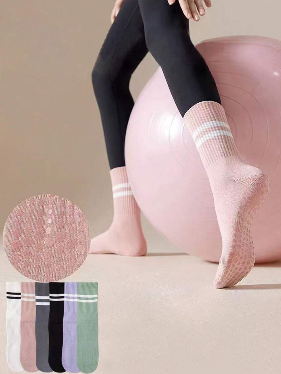 1 par / 4 pares / 6 pares de calcetines deportivos y de yoga con rayas para mujer, con agarre antideslizante de silicona, calcetines tipo crew para entrenamiento en interiores, para primavera/verano