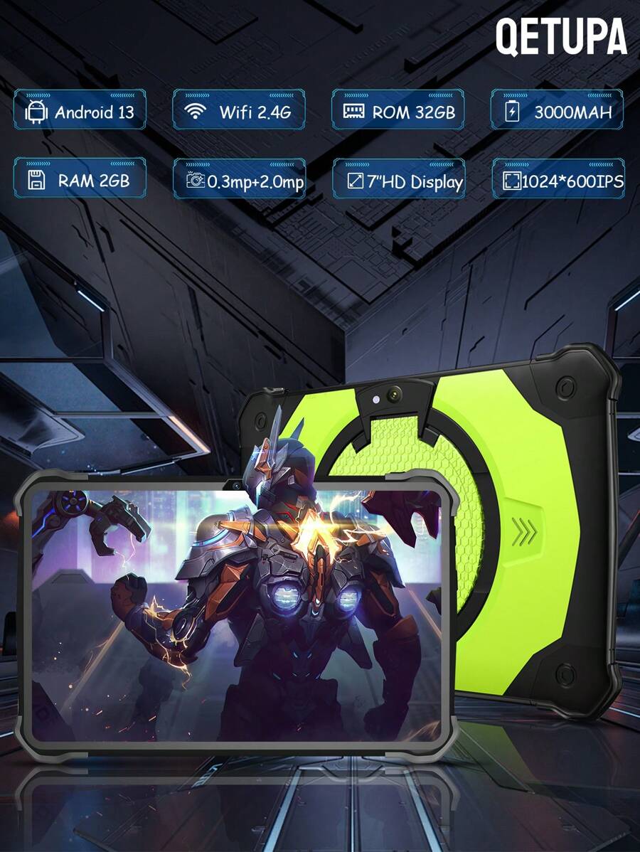 Qetupa 7 Zoll Mecha Lern-Tablet für Kinder mit Hülle, Android 13 Kinder-Tablet, A133 Quad-Core 1,6 GHz Prozessor, 2 GB RAM + 32 GB ROM, 1024*600 IPS Touchscreen, 3000 mAh Akku, 0,3 MP + 2,0 MP Dual-Kamera, 802.11b WLAN 2,4G