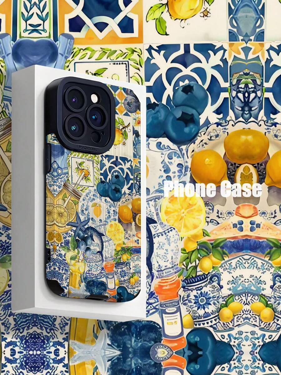 1 Stück Retro Blau & Weiß Porzellan, Blaubeere, Fisch Mosaik Muster Vertikal gestreift Stoßfeste Weiche Silikon Handyhülle kompatibel mit Apple 16/16 Plus/16 Pro/16 Pro Max