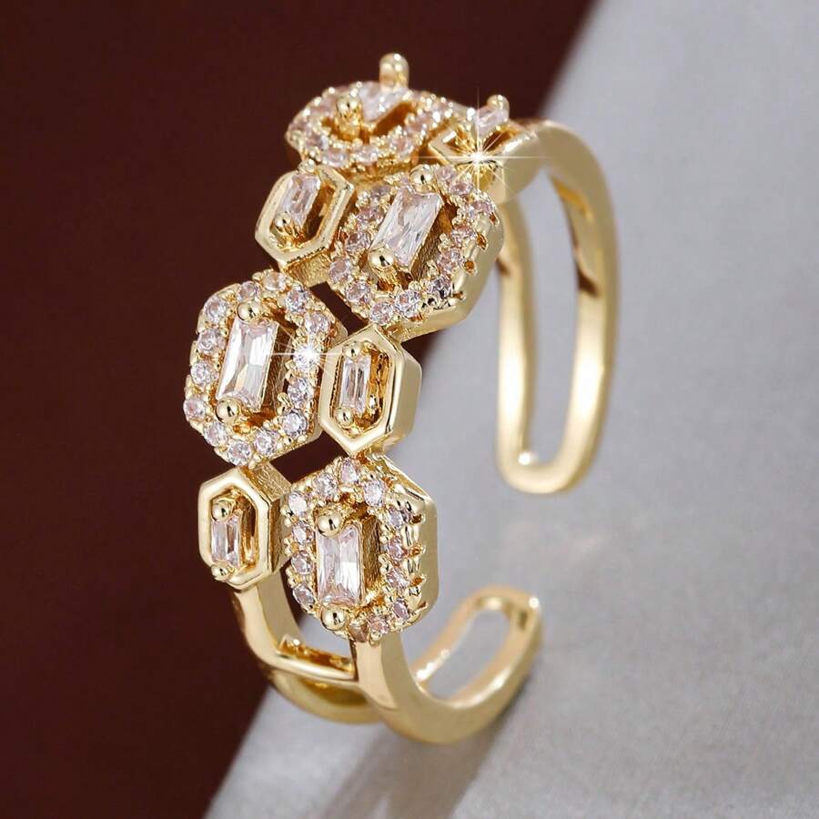 1 Stück verstellbarer geometrischer Hexagon Design Cubic Zirkonia Ring für Frauen