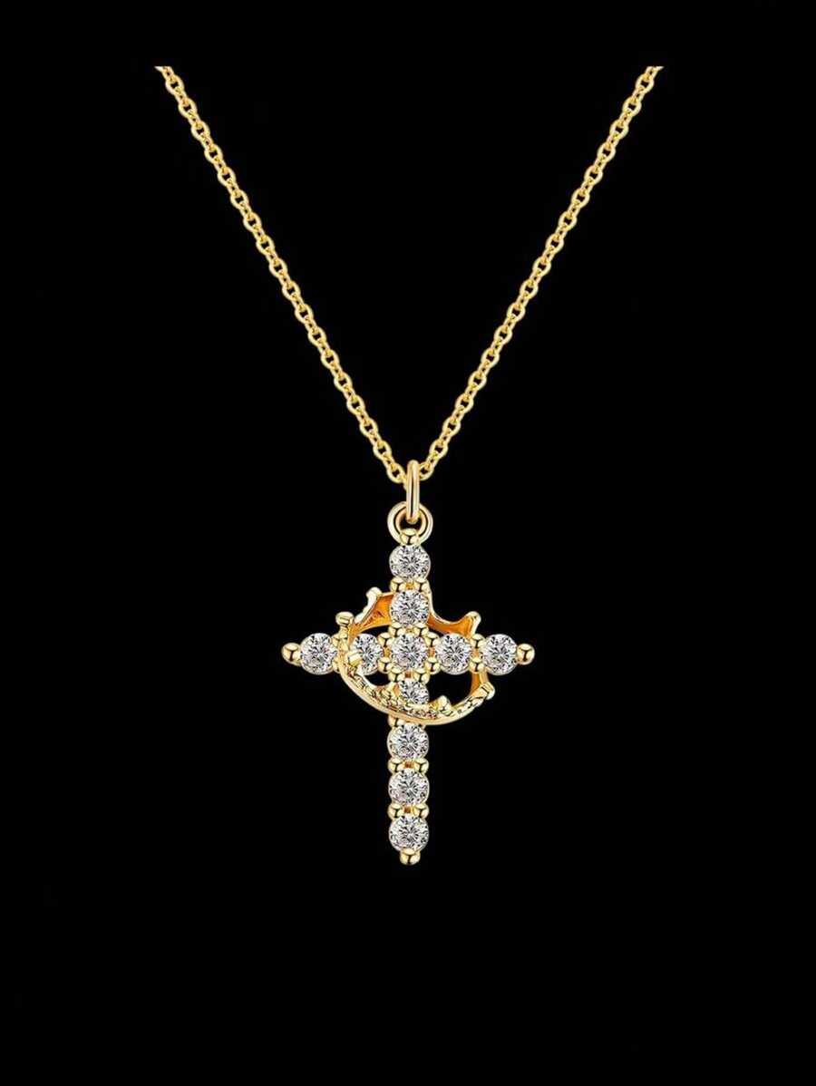 Mother's Day Gifts For Mom Upgraded Crown Cross Necklace For Women 14K Gold Plated Crown Cross Pendant Necklace Simple Diamond Gold Necklaces Faith Cross Jewelry First Communion Necklace
