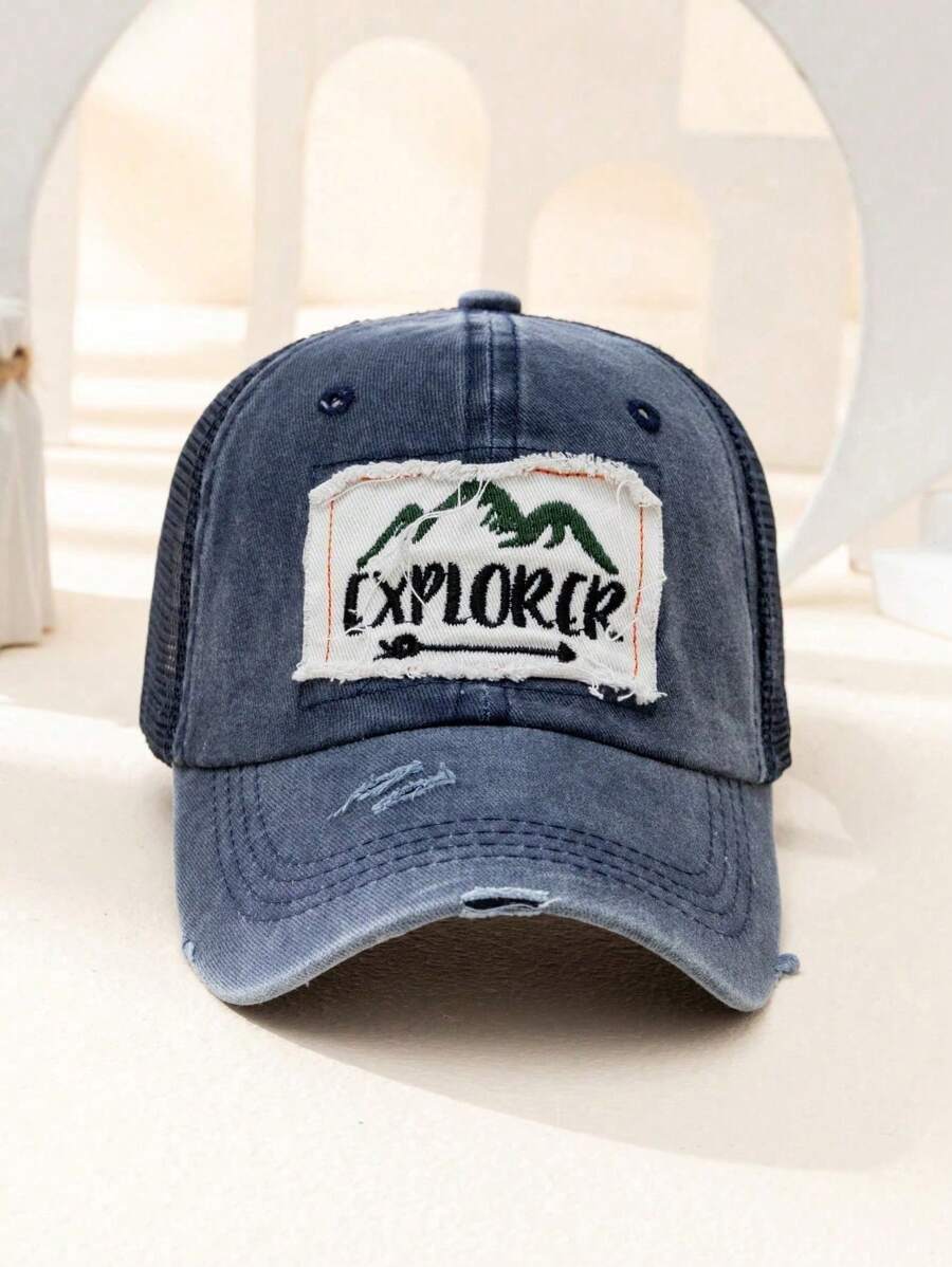 1pc Men's Fashionable Distressed Applique Letter Mesh Baseball Cap
