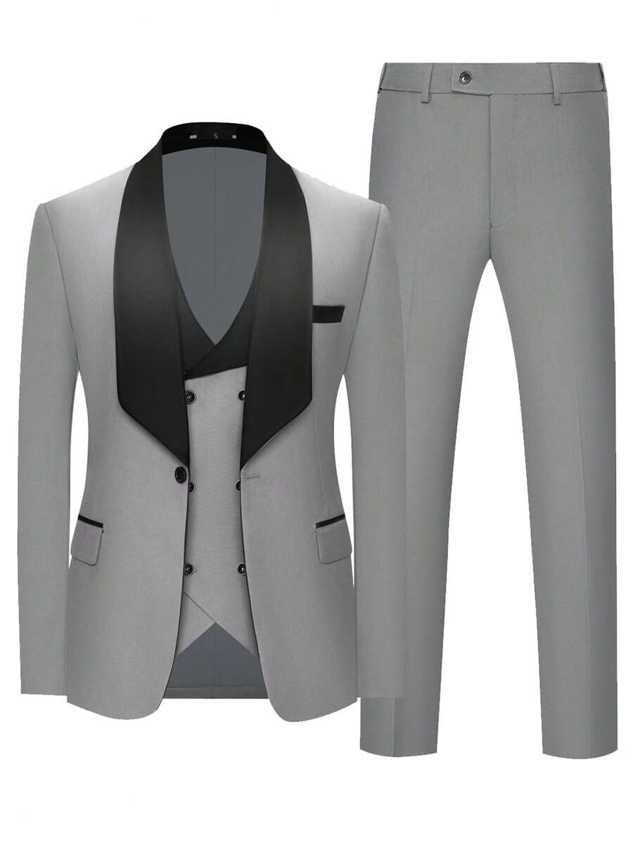 Furuyal Men's Suits Gentleman Solid Slim Fit Business 3 PiecesSuit For Men Blazer Double Breasted Vest Pants Set Party Wedding Prom Light Gray Size XS-3XL