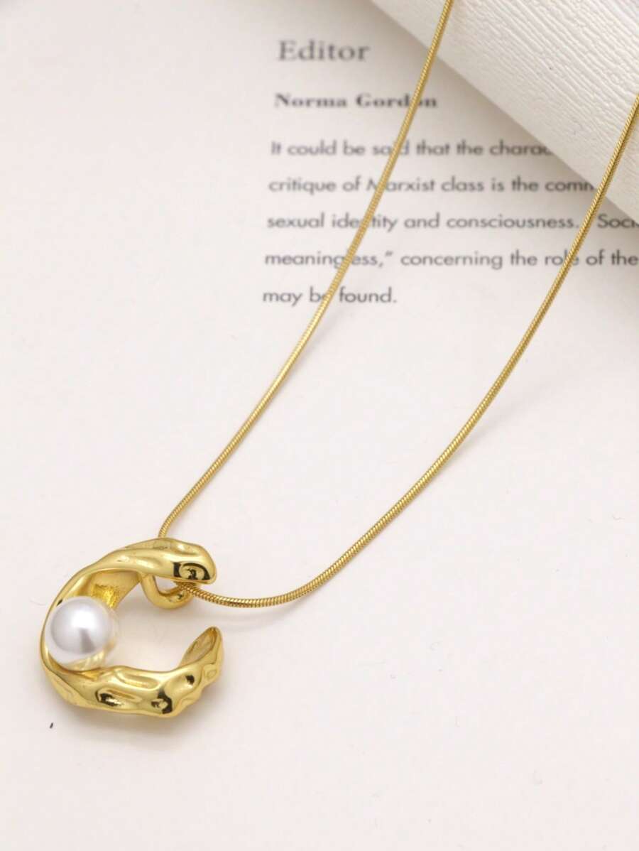 1pc Fashionable Stainless Steel Geometric Pearl Decorated Necklace, Suitable For Summer Beach Daily Wear And Holidays