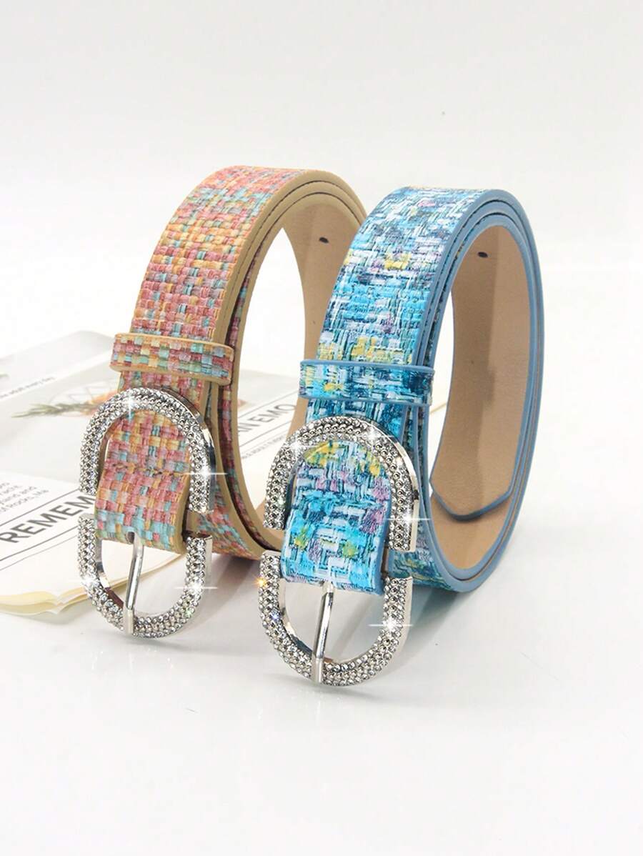 1pc Women's Diamond-Encrusted Metal Colorblock Boho Vintage PU Leather Belt, Suitable To Match Denim Jeans And Dresses