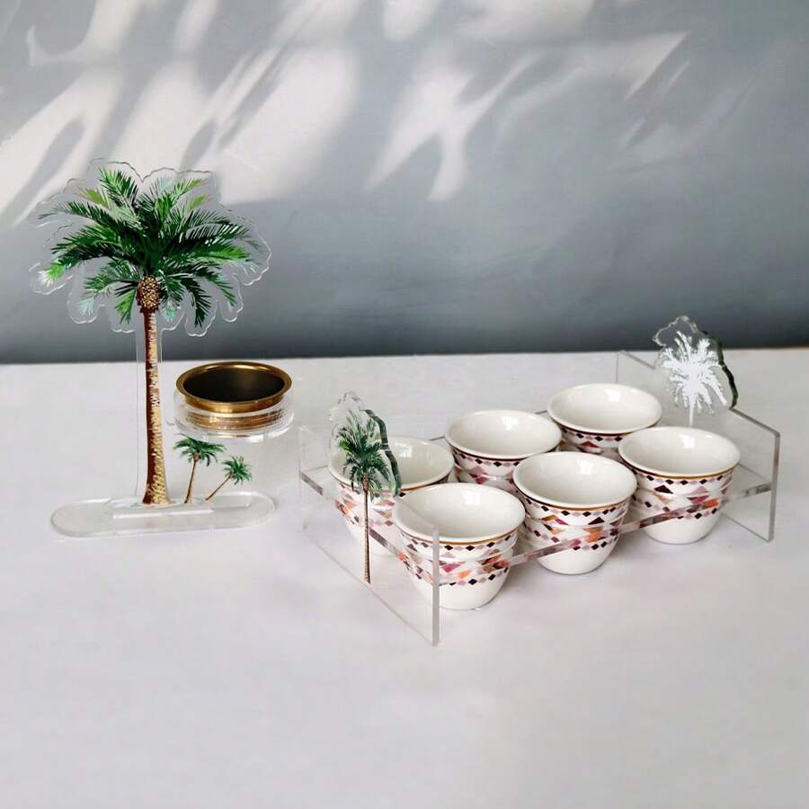 Set da tè in acrilico, trasparente e durevole, con stampa di palme, adatto per cucina, tea house, hotel, tea room, soggiorno, include portabicchieri e set bruciatore di incenso, può essere utilizzato anche per feste e intrattenimento domestici