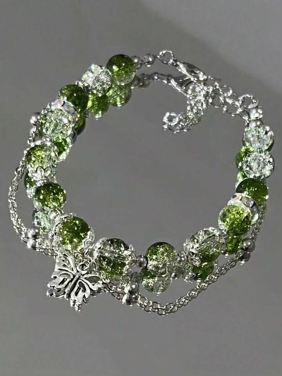 1 pièce Bracelet pour femme délicat et charmant de style chinois avec papillons verts et perles