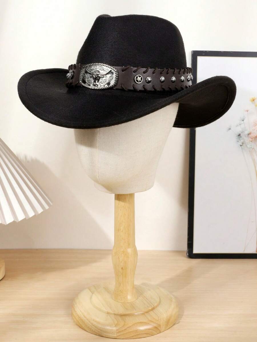 1 Stück Unisex PU Leder Dekor Western Cowboyhut, Polyester Vintage Stil Cowboyhut, geeignet für Lässig Tragen, Western Cowboy Party, Bar Cowboy und täglichen Gebrauch
