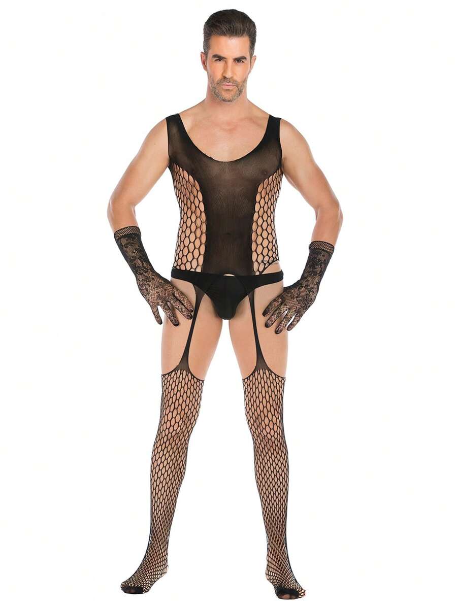 Men's Open-Crotch Seductive Nightwear High-Elastic Jacquard Bodysuit.Gloves Are Not Included.Sexy Lingerie