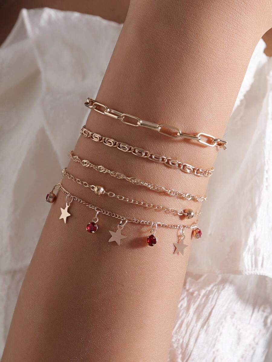Conjunto de 5 pulseiras de decoração com pérolas simples e correntes multielementos, adequado para mulheres e meninas, uso diário, feriados, presentes, datas, férias