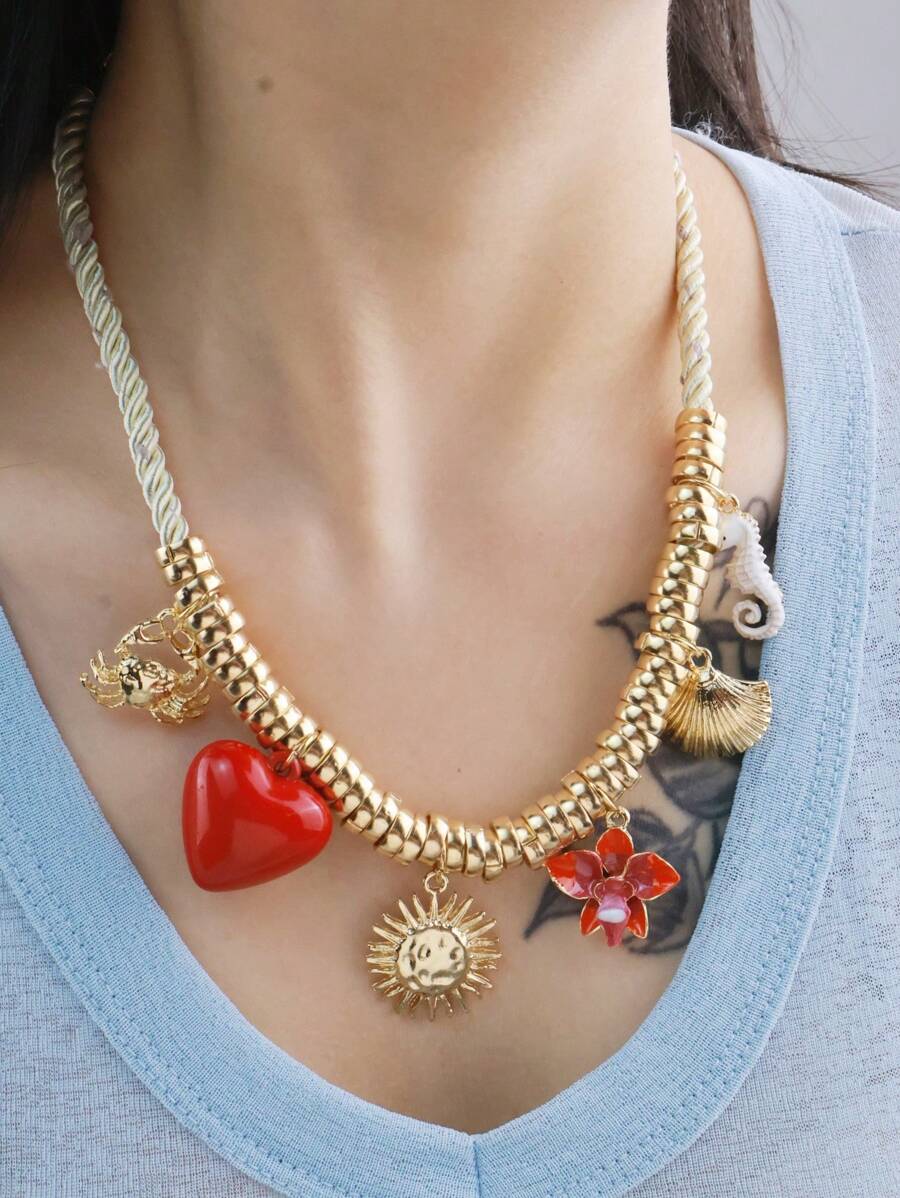 Collar multicapa para mujer - Presenta diseños de cangrejo, corazón, floral, sol, concha, caballito de mar, con estilo de playa/resort elegante y versátil