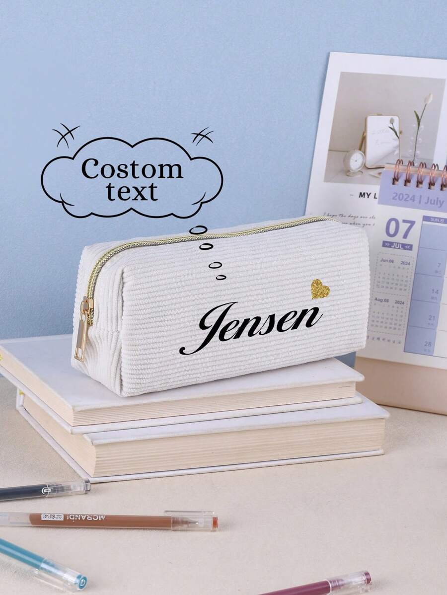 1 pieza Bolsa de lápices de pana con transferencia térmica personalizada, estuche de lápices personalizado con texto personalizado - gran capacidad, bolsa de almacenamiento, de vuelta a la escuela, útiles escolares