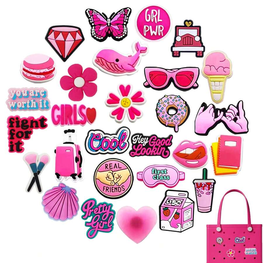 28 piezas Accesorios DIY de encanto de color rosa Serie para decorar bolsos de playa, accesorios de moda, gran regalo para Navidad, fiesta de cumpleaños, accesorios de playa, artículos esenciales de vacaciones, accesorios de verano