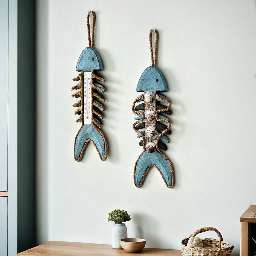 1 szt. Vintage Fish Bone Style Termometr Ścienny Dekor Wiszący, Styl Śródziemnomorski Drewniana Ryba Kości Fotografia Prop