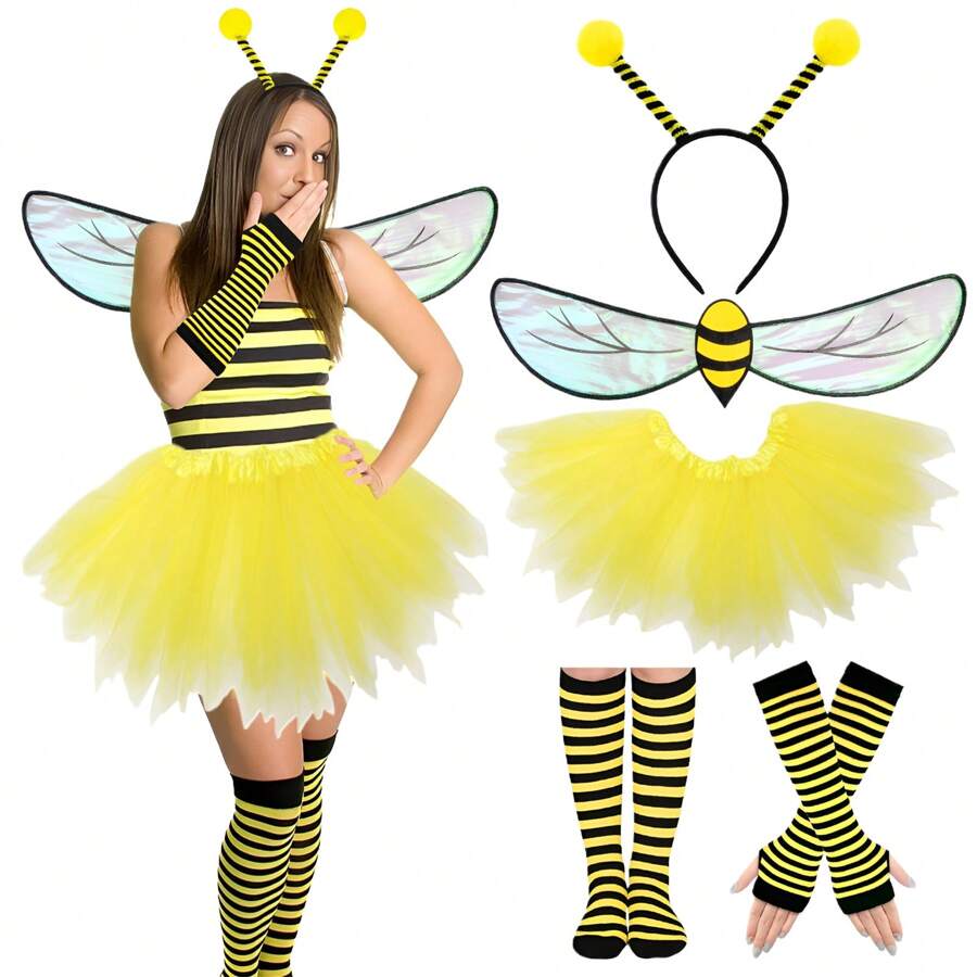 4/5 Stücke Bienen Kostüm für Erwachsene Frauen, gelbe Bienen Kopfbänder mit Antennen, transparente Flügel, gelber Tüllrock, gestreifte Stulpen Socken und Handschuhe für Karneval, Ostern Tier Cosplay Party Kostüme
