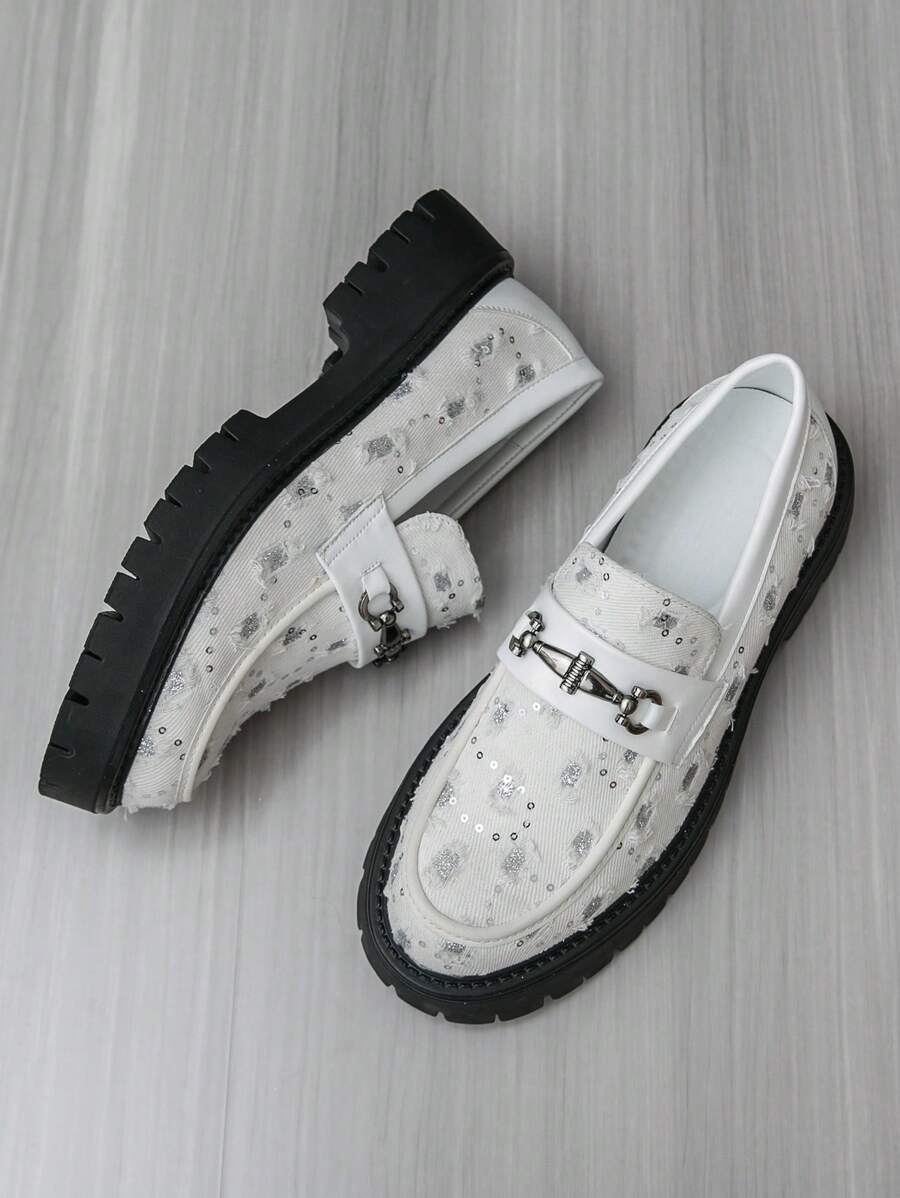 Men's Loafers Denim Distressed Decor British Style Formal Shoes, Casual White Dress Shoes