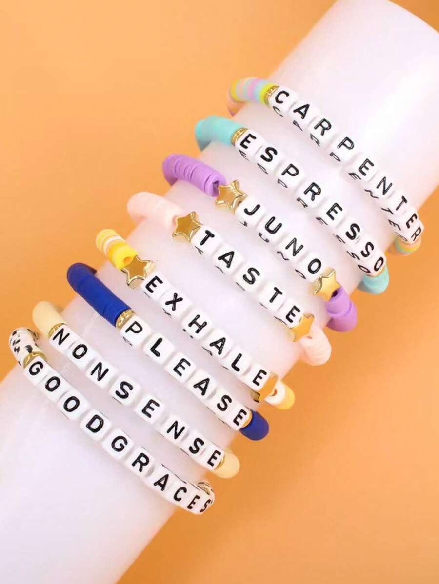 Set de 8 pulseras de amistad de arcilla polimérica morada con diseño musical, pulseras de apoyo al álbum para mujeres