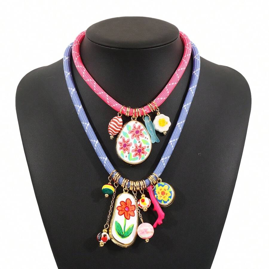 Mydear 1 pieza Collar colgante con flores y coral rojo de estilo bohemio y elementos múltiples, adecuado para que las mujeres lo usen en la playa y en resorts de verano