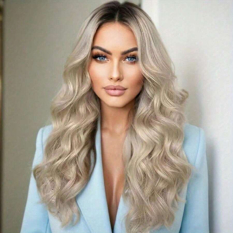 Ombre Ash Blonde Lace Front Wig Human Hair 200% Density Body Wave Ombre Dark Roots Ash Blonde Wig Pre Plucked Gluless Human Hair Wigs With Natural Hairline 13x4 HD Lace Front Colored Wig For Women 30Inch Long Wave Wig Holiday Christmas New Year Wig