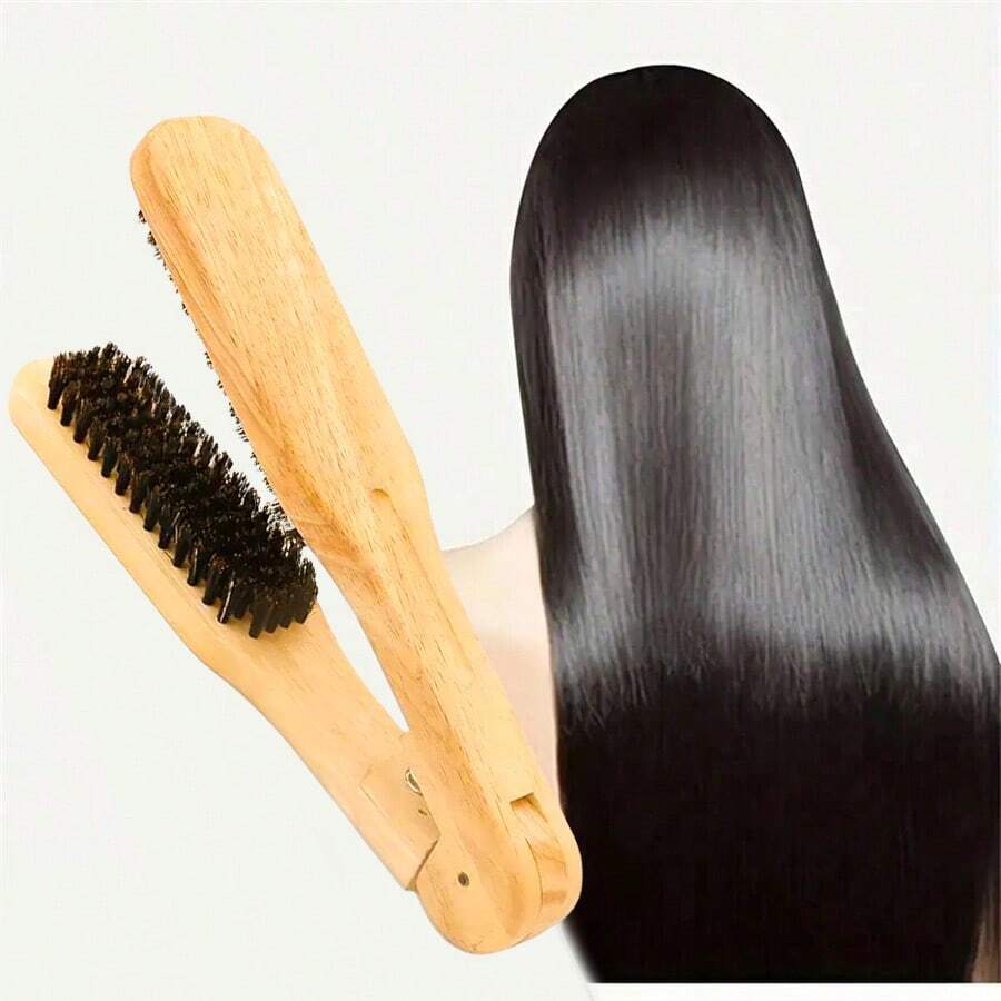 1pc Wooden V-Shaped Hair Straightening Comb, Boar Bristle Smooth Hair Styling Board Brush, Suitable For All Hair Types To Control Frizz And Curl