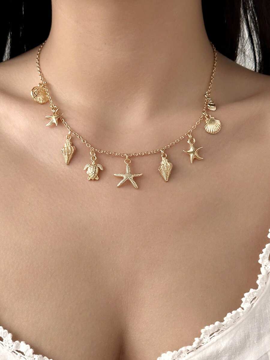 1 pièce Collier de style bohème à la mode avec éléments multi, thème océan plage d'été avec pendentif étoile de mer et coquillage, convient à toute occasion comme la plage d'été, les vacances, les fêtes, excellent choix de cadeau