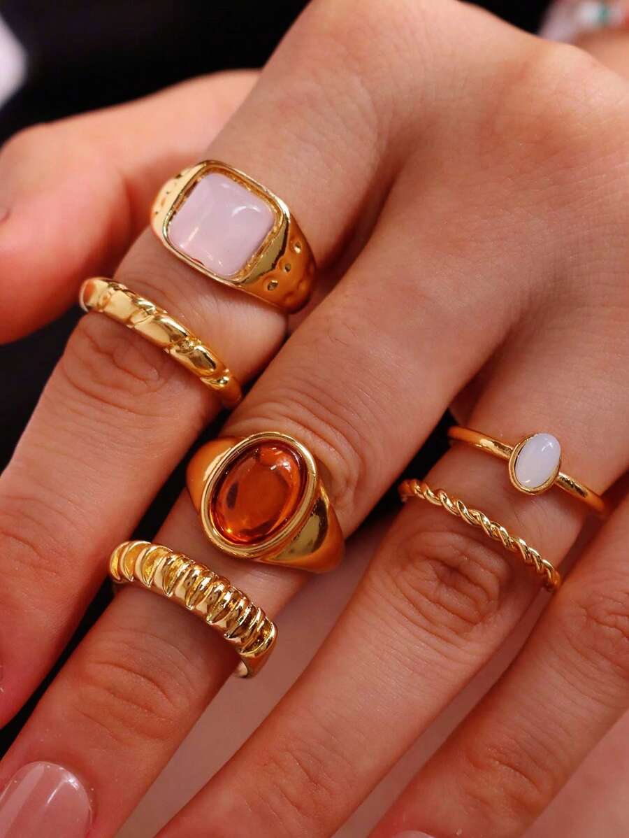 6 pièces/set Bague en pierre géométrique scintillante unique, élégante et minimaliste de luxe. Bijou pour femmes