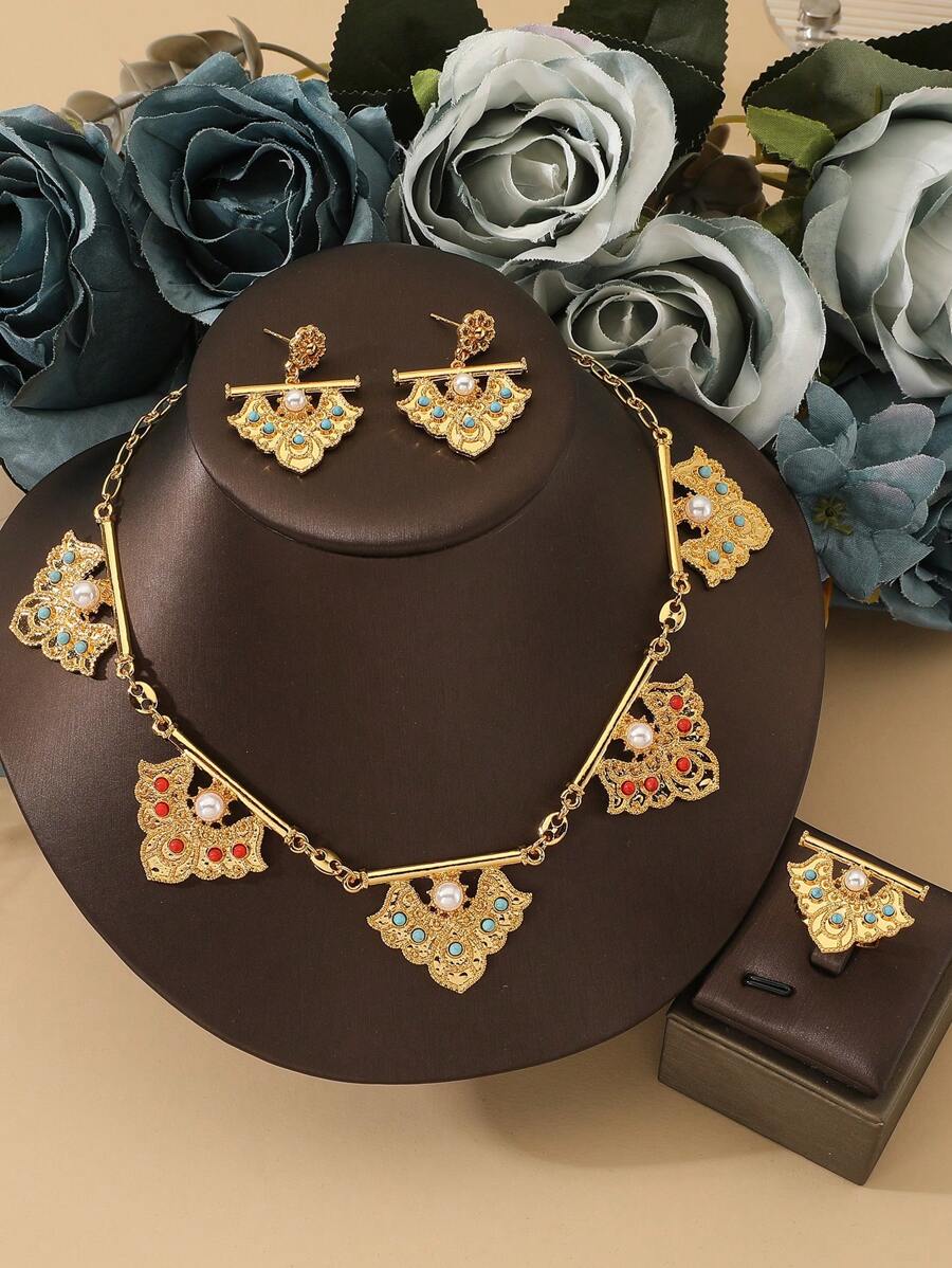 Conjunto de 4 peças vintage de colar, brincos e anéis de pérolas geométricas douradas para mulheres, presente de Natal, joias para casamento/festa