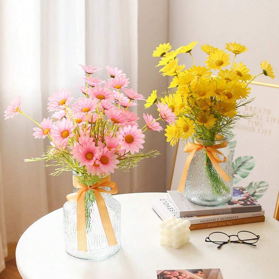 6Pcs Artificial Chamomile Flowers (Yellow)- Realistic European Daisy Fake Flowers For Home Decor, Spring Summer Table Centerpiece, Wedding, Party, Office Desk Decorations,Garden Decor,Outdoor Plant,Gardening,Pink Fake Flowers