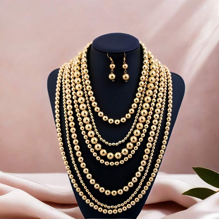 Collar de perlas con múltiples capas, elegante, personalizado, simple y de aspecto lujoso en color dorado
