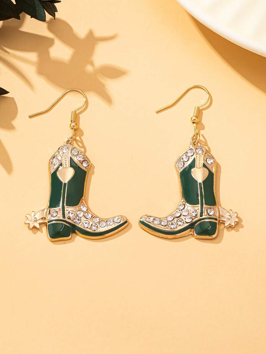 1 par de pendientes con diseño de bota con incrustaciones de cristal al estilo retro de moda