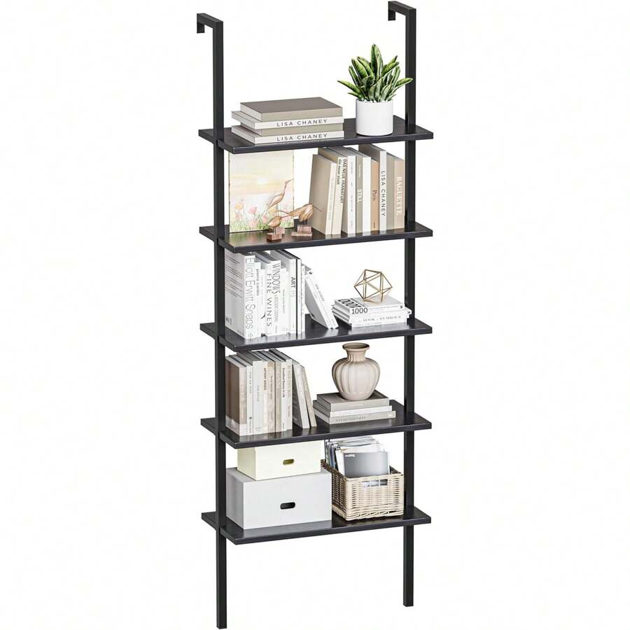 5-Tier Bookshelf, Wall Mount Ladder Shelf With Wood Board And Industrial Metal Frame, For Home Office, Living Room, Bedroom, Entryway And Hallway