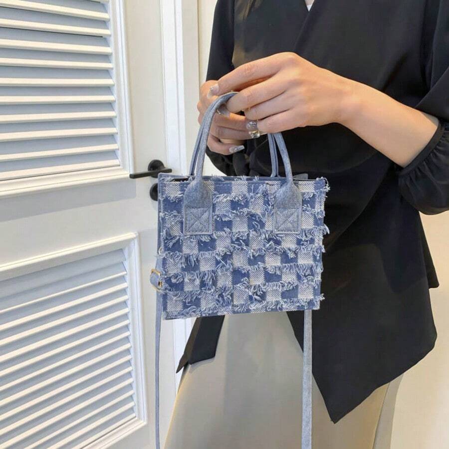 Nuevo bolso de mano de primavera/verano con bloque de color, cuadros y flecos, bolso de hombro cruzado casual y versátil para mujer